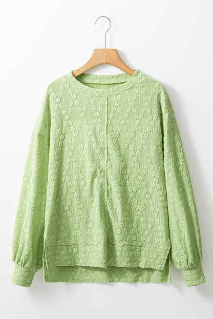 Solid Colour Textured Side Split Crew Neck Blouse | Light Green