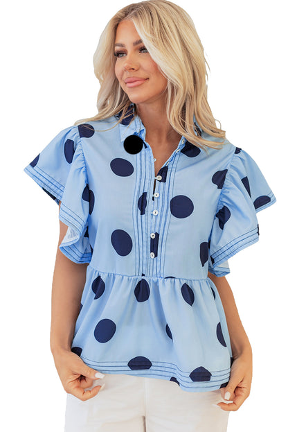 Polka Dot Print Ruffled Short Sleeve Buttoned Collared Blouse | Sky Blue