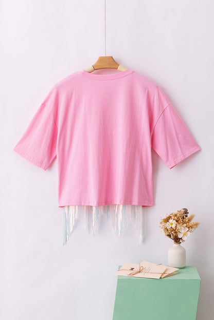 Fringed Sequin Crop T-Shirt | Pink