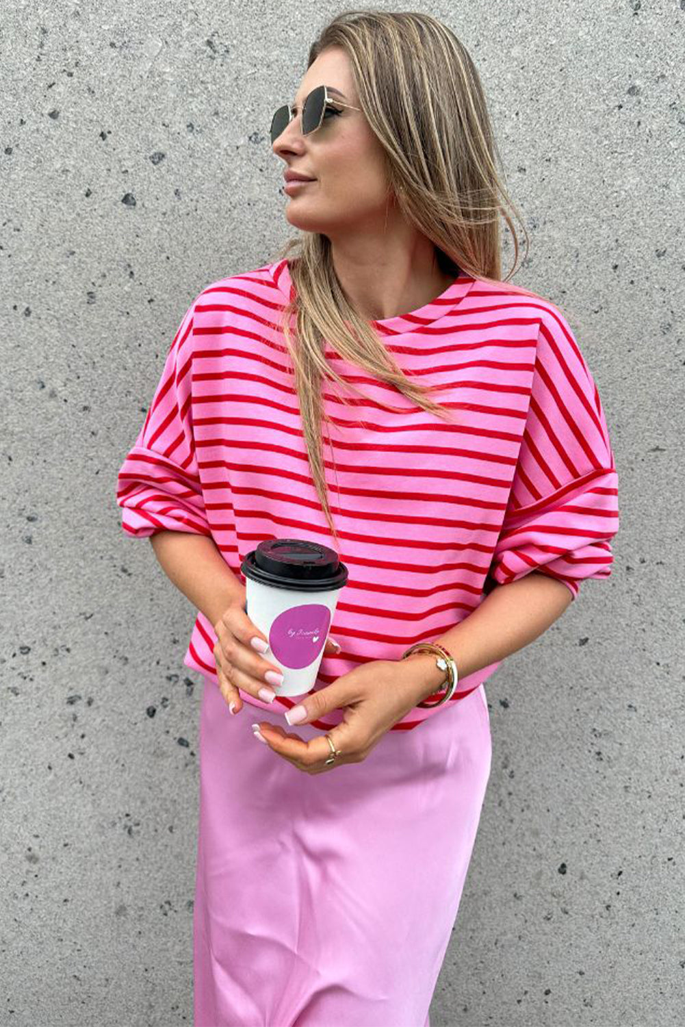 Striped Print Crew Neck Drop Shoulder Sweatshirt | Sachet Pink