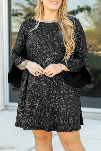 Plus Size Glitter Metallic Bell Sleeve Round Neck Mini Dress | Black