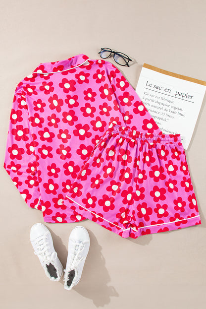 Flower Print Long Sleeve Shirt Shorts Pajamas Set | Pink