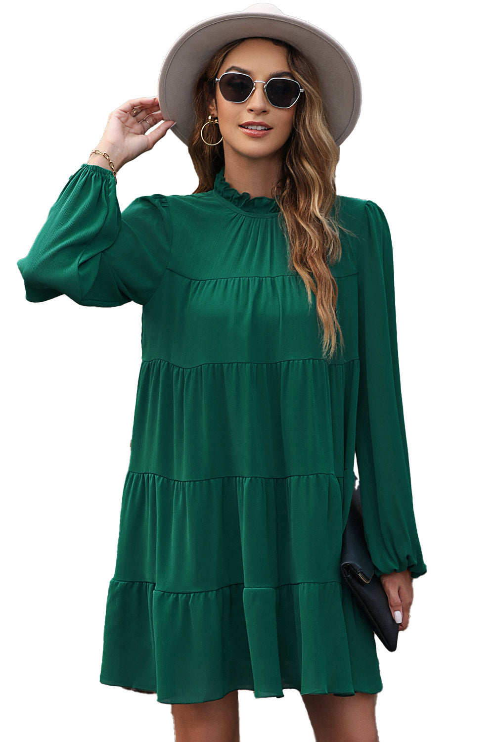 Puff Sleeve Mock Neck Back Knot Tiered Dress | Green