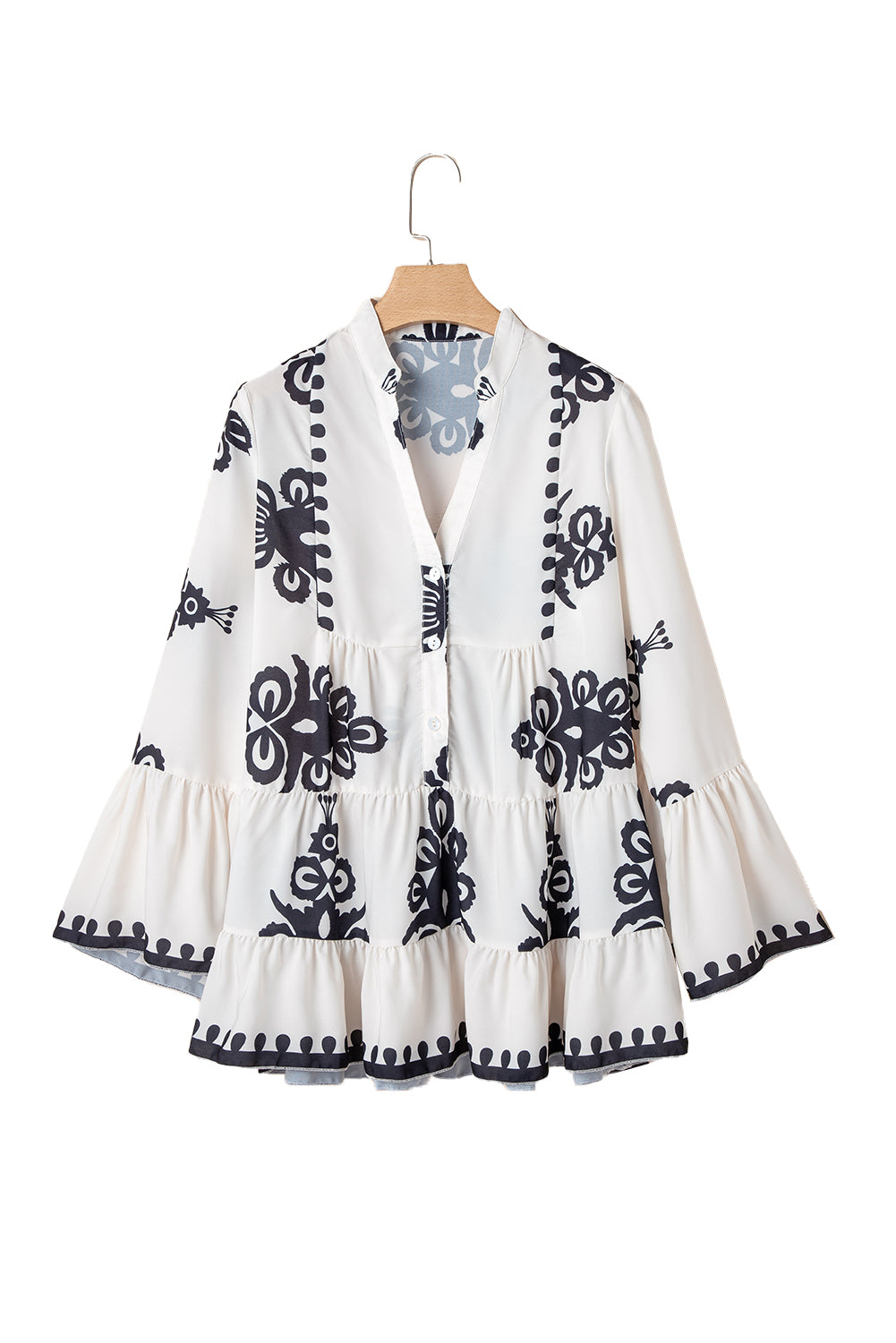 Abstract Printed Bell Sleeve Buttoned Tiered Babydoll Blouse | White