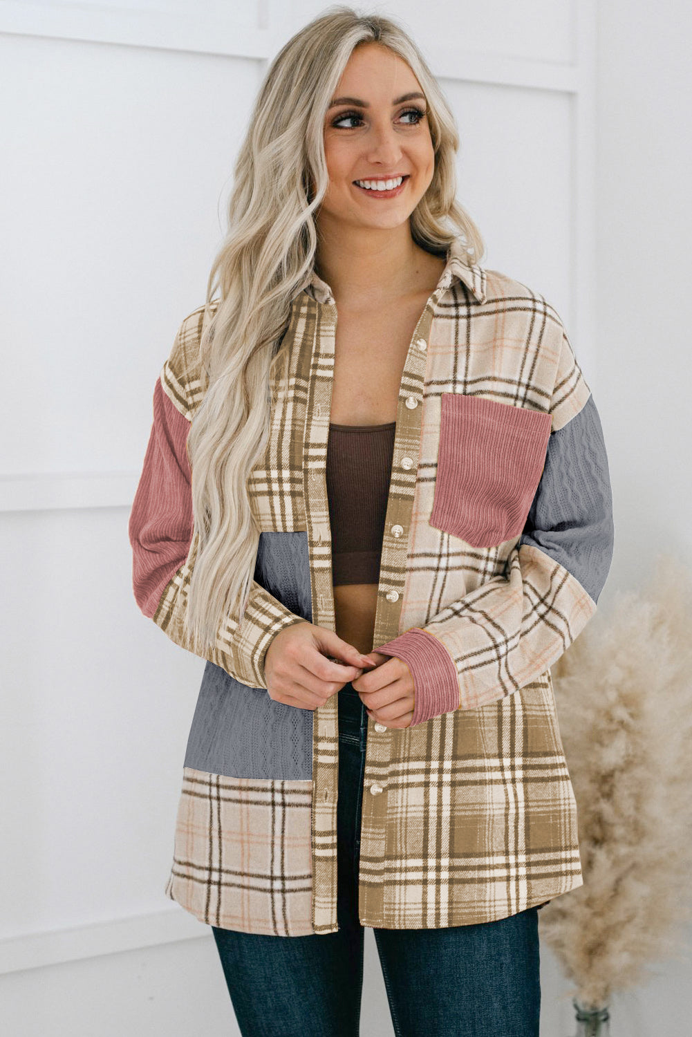 Plaid Colour Block Patchwork Shirt Jacket With Pocket | Pink