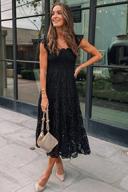 Lace Smocked Bodice Sleeveless Midi Dress | Black