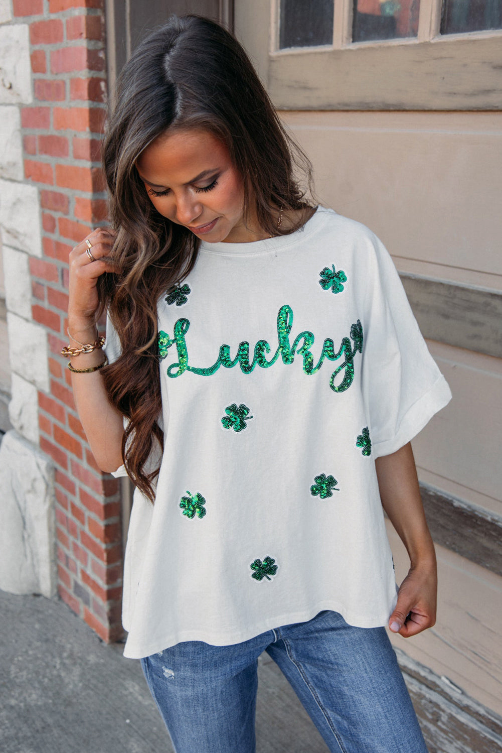 St Patrick Lucky Clover Sequin Graphic T Shirt | White