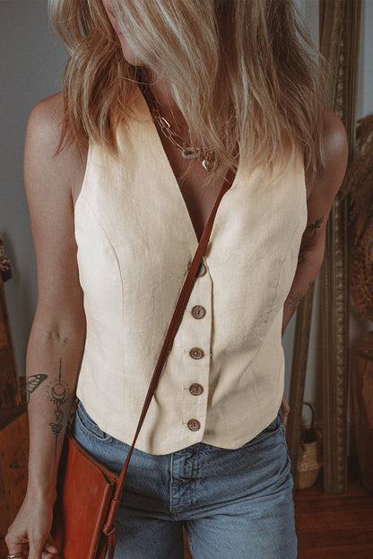 Slim Fit Buttoned V Neck Vest | White