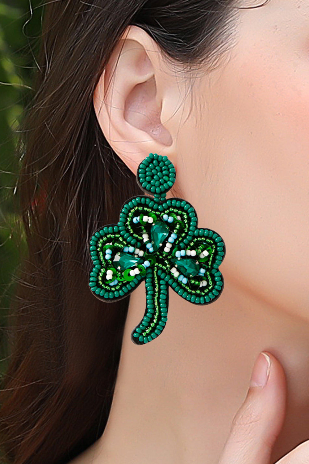 St Patrick Shamrock Rice Beaded Stud Earrings | Blackish Green