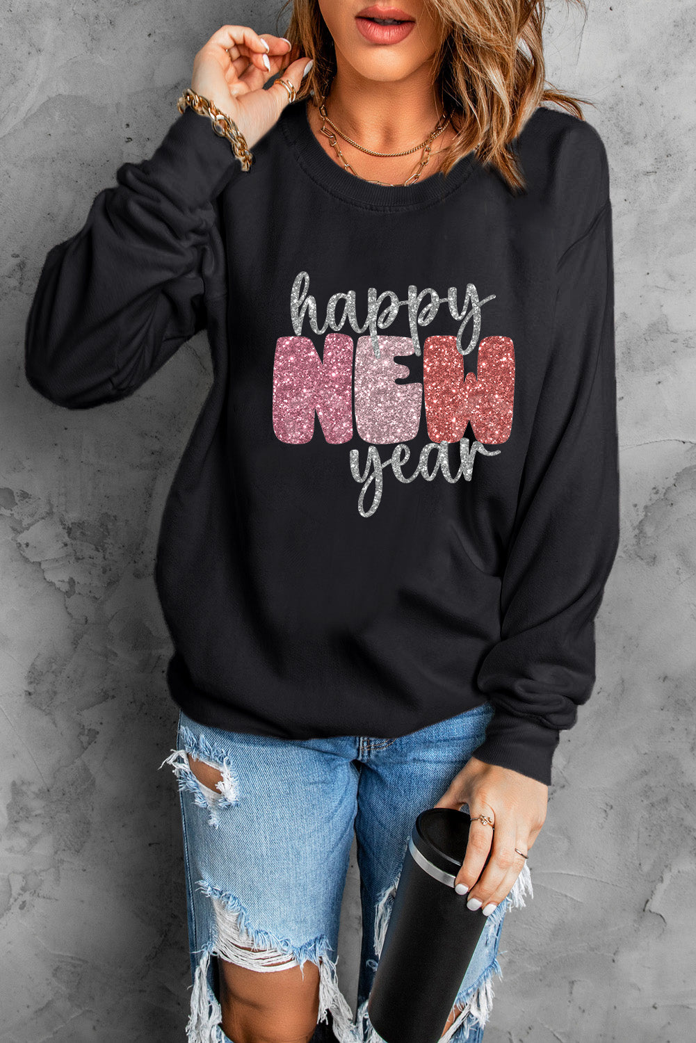 Glistening Happy New Year Graphic Sweatshirt | Black