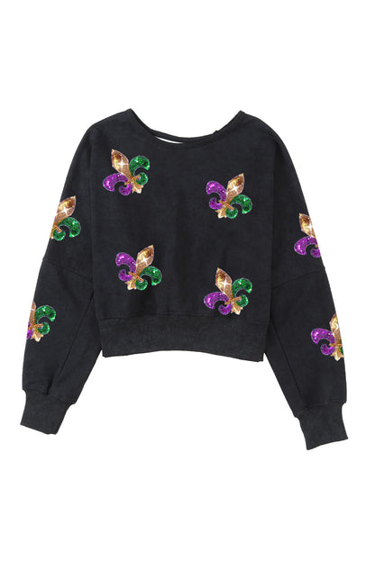 Mardi Gras Sequin Fleur De Lis Open Back Sweatshirt | Black