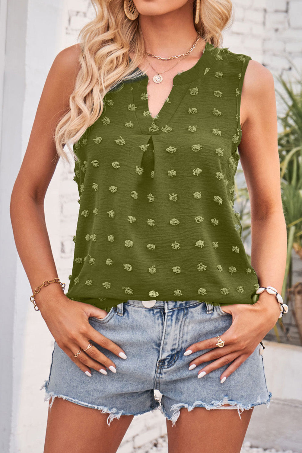 Swiss Dot Notched V Neck Tank Top | Green