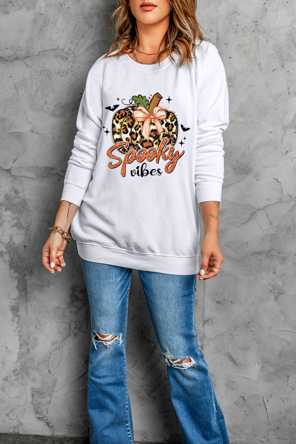 Spooky Leopard Pumpkin Print Crew Neck Sweatshirt | Beige