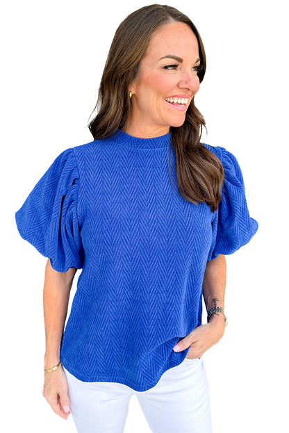 Solid Textured Puff Sleeve Mock Neck Blouse | Sky Blue