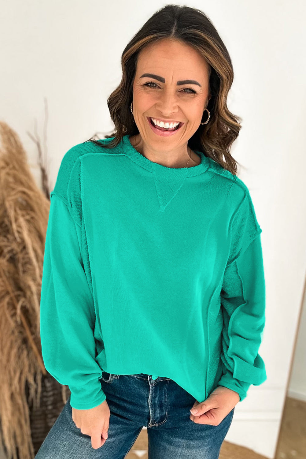 Splicing Round Neck Pullover Sweatshirt | Mint Green