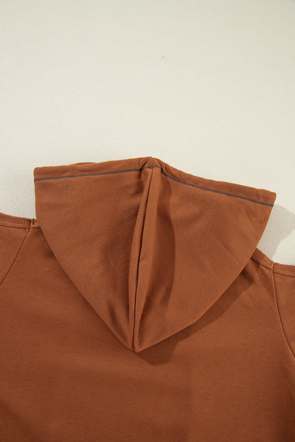 Exposed Seam Cold Shoulder Drawstring Hoodie | Cinnamon