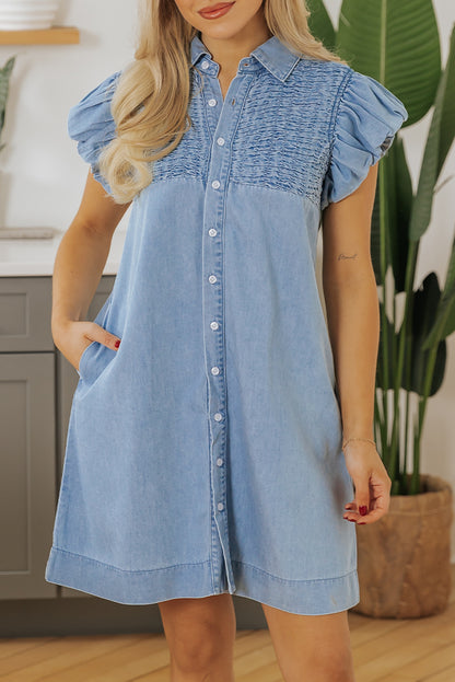 Flutter Sleeve Shirred Detail Button Up Denim Mini Dress | Beau Blue