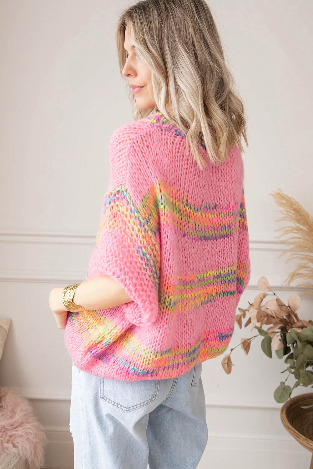 Colourful Stripes 3/4 Sleeve Loose Sweater | Rose