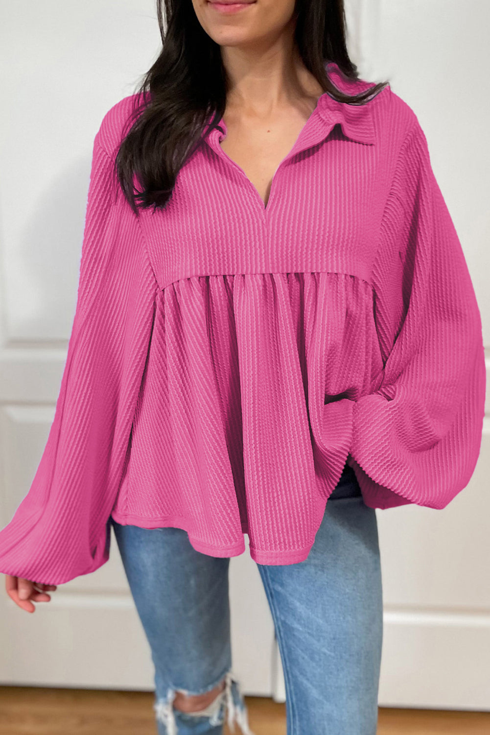 Corded Turn-Down V Neck Bubble Sleeve Babydoll Blouse | Bright Pink