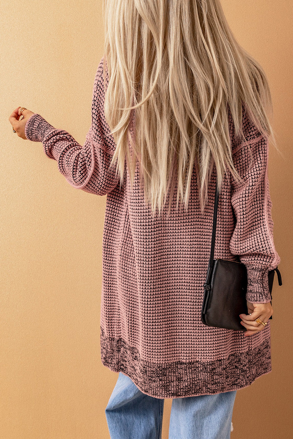 Plaid Knitted Long Open Front Cardigan | Pink