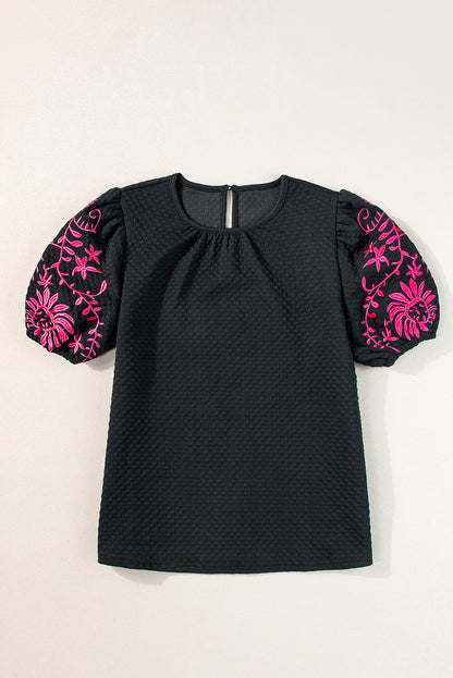 Floral Embroidered Textured Puff Sleeve T Shirt | Black