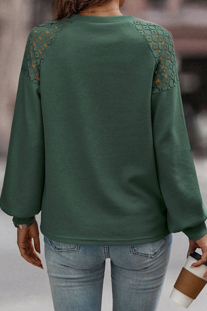 Green Lace Long Sleeve Textured Pullover | Blackish Green