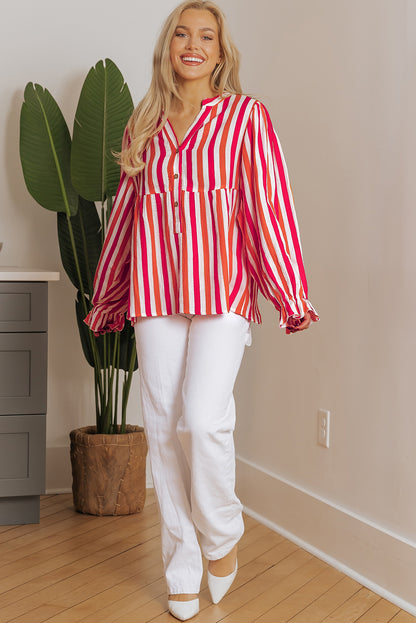 Balloon Sleeve Notched V Neck Buttoned Front Blouse | Orange Stripe