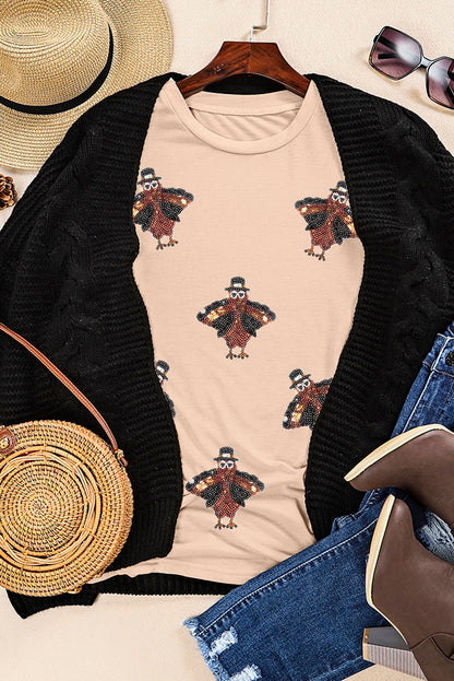 Sequined Turkey Patched Pattern Crewneck Thanksgiving T Shirt | Khaki