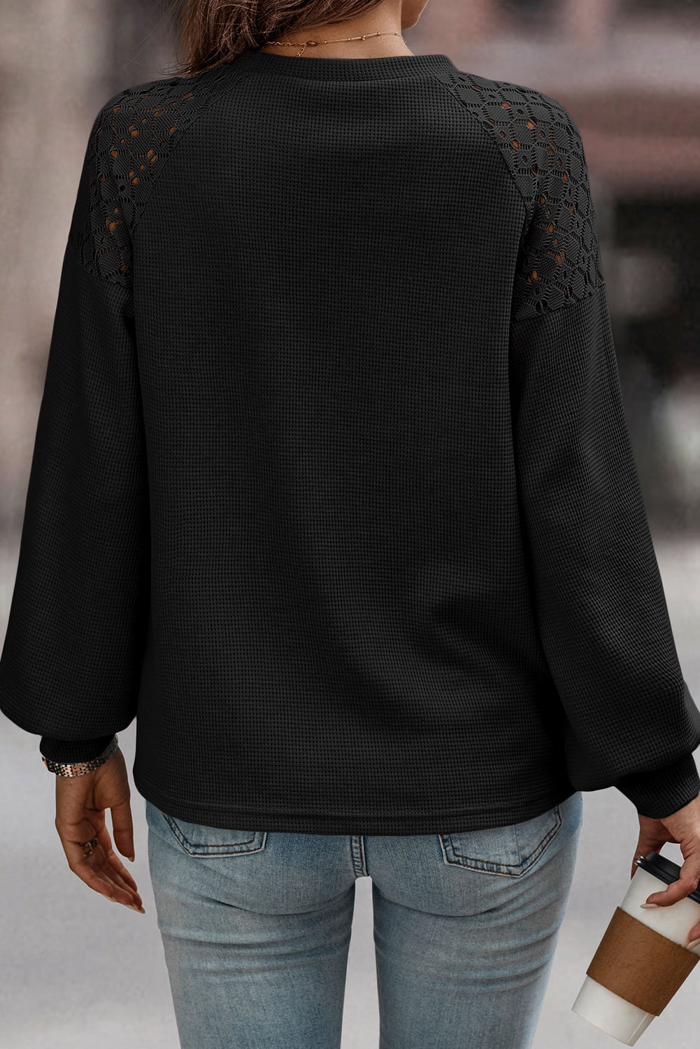 Lace Long Sleeve Textured Pullover | Black