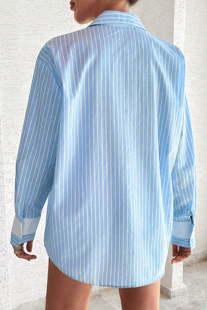 Contrast Patch Pocket Cuffed Sleeve Casual Shirt | Sky Blue Stripe