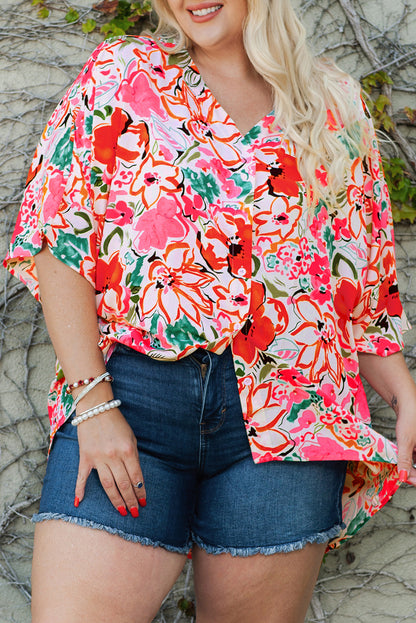 Plus Size Floral Print Kimono Sleeve Shirt | Rose