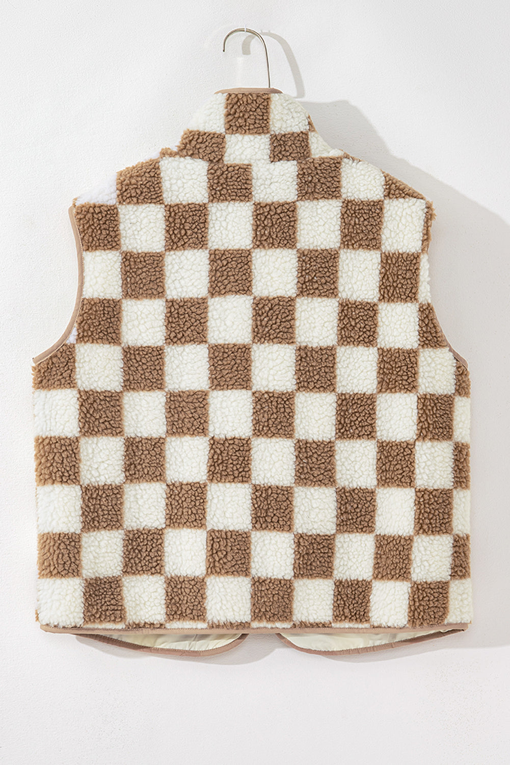 Checkered Sherpa Collared Jacket Vest | Khaki