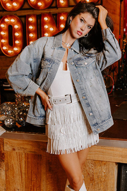 Rhinestone Embellished Flap Pocket Denim Jacket | Dusk Blue