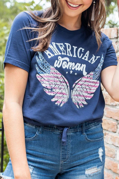 American Woman Flag Eagle Wing Graphic Tee | Blue