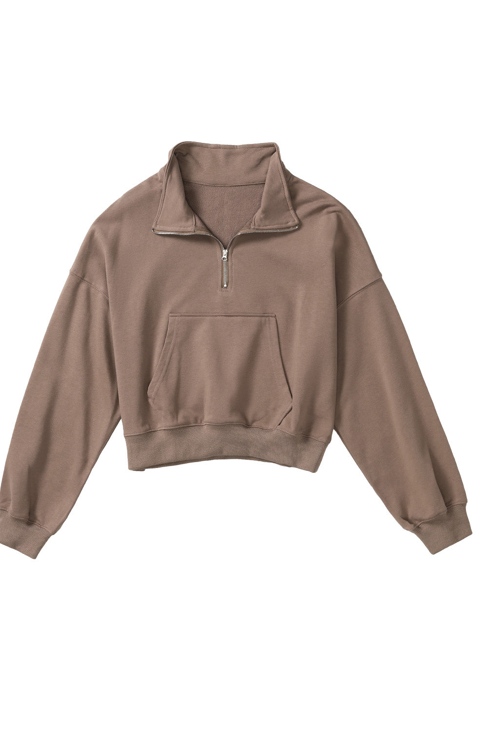 Zipped Turn Down Collar Cropped Sweatshirt With Pocket | Brown