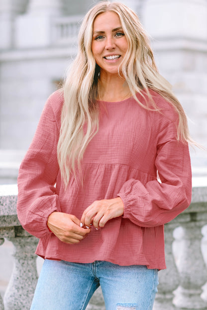 Bubble Sleeve Textured Flowy Blouse | Pink