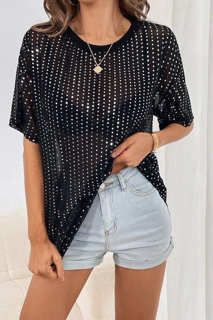 Sequin Drop Shoulder Sheer T-Shirt | Black