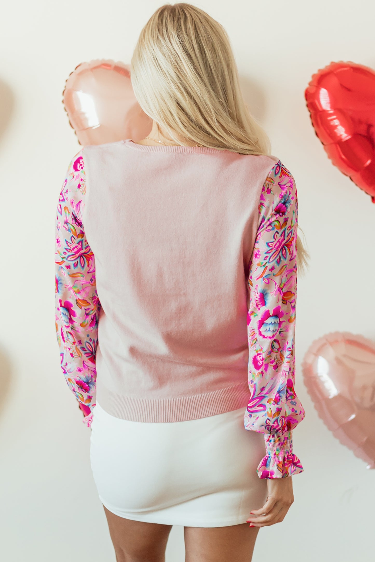 Floral Printed Patchwork Smocked Lantern Sleeve Knit Top | Oatmeal