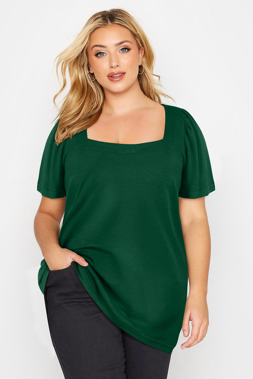 Plus Size Square Neck Ruched Shoulder Short Sleeve Top | Green