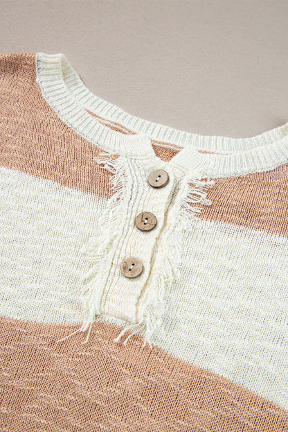 Oversized Colourblock Frayed High Low Henley Sweater | Khaki