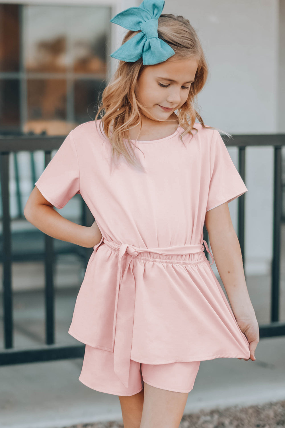 Keyhole Back Belted Peplum Girls Romper | Pink