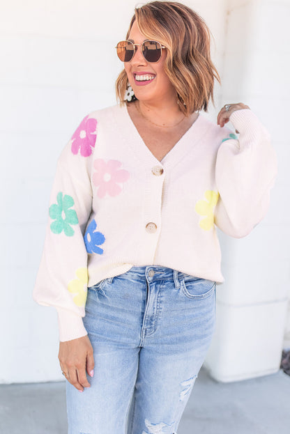 Floral Pattern V Neck Buttoned Plus Size Cardigan | Beige