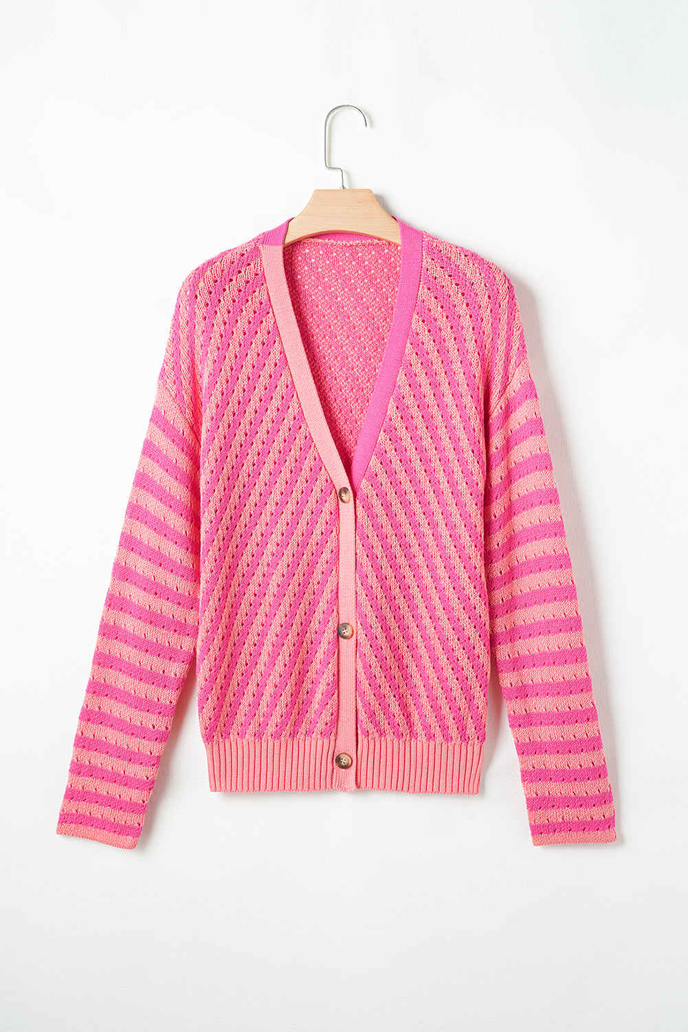 Striped Buttoned V Neck Drop Shoulder Cardigan | Pink