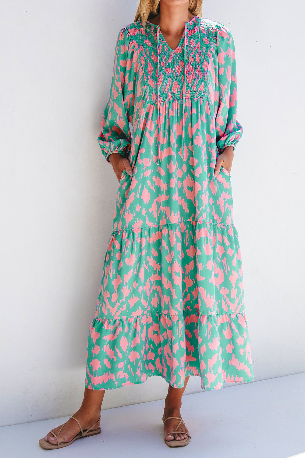 Abstract Print Puff Sleeve Tied Notched Neck Long Dress | Green