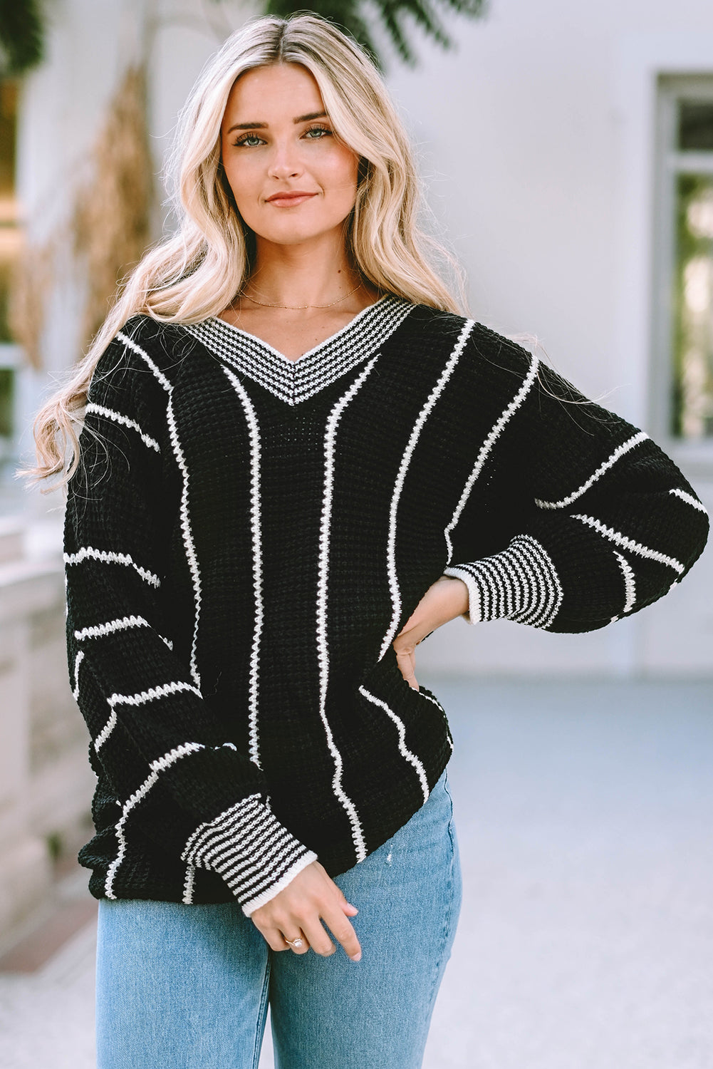 Colourblock Striped V Neck Knitted Loose Sweater | Black