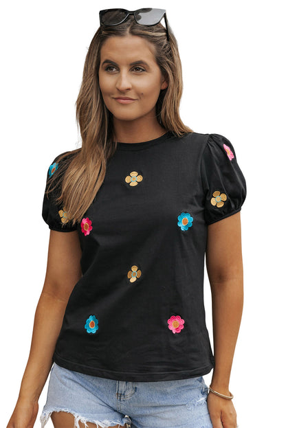 Embroidered Flower Short Puff Sleeve Tee | Black