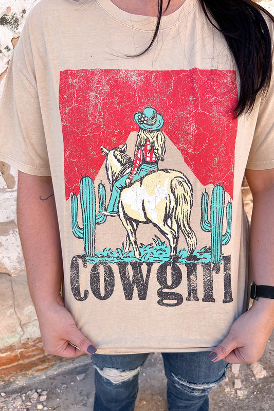 Khaki Cowgirl Rodeo Graphic Western Fashion Tee