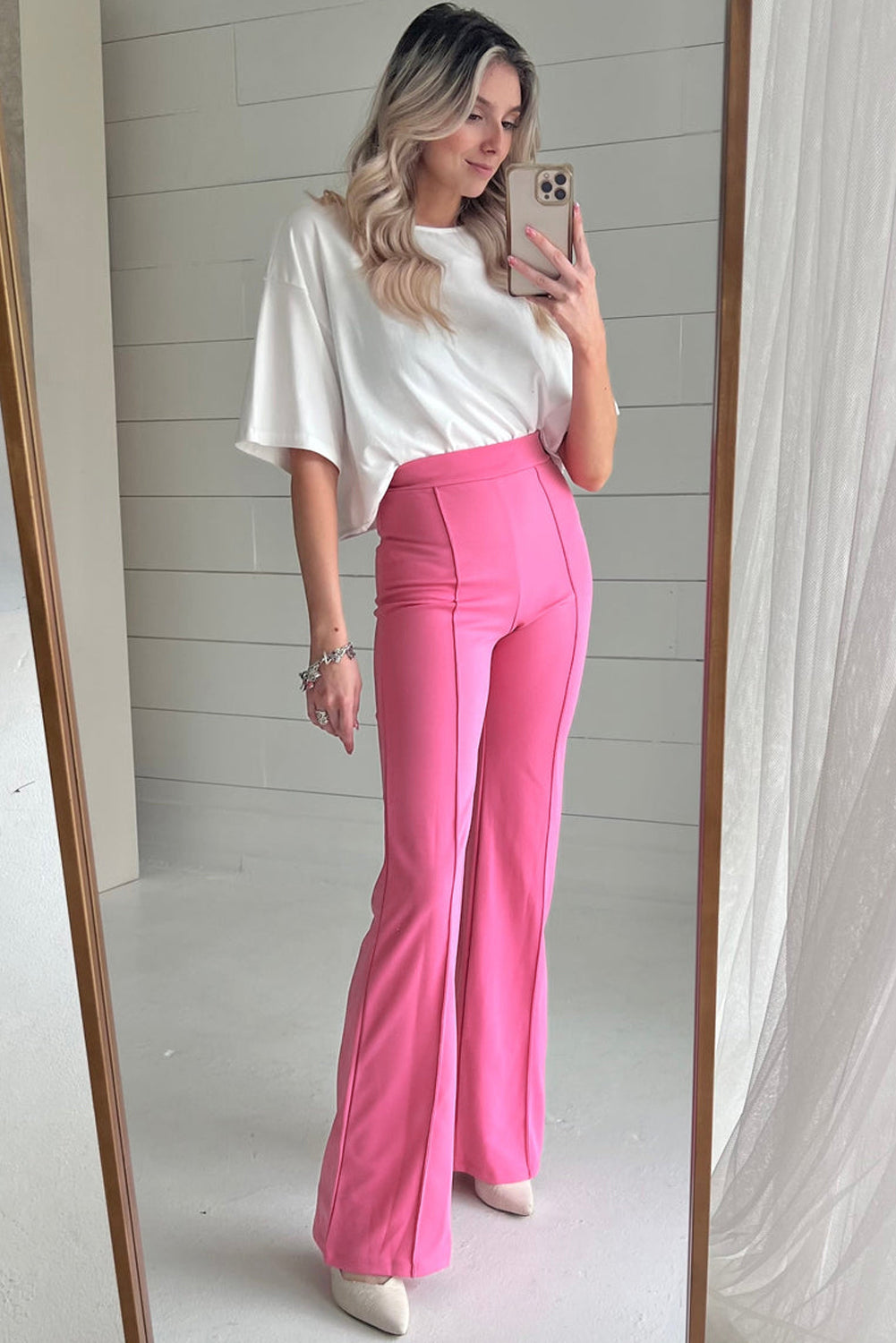 High Waist Central Seam Flared Pants | Sachet Pink