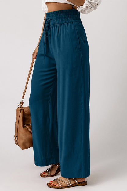 Drawstring Elastic Waist Casual Wide Leg Pants | Blue