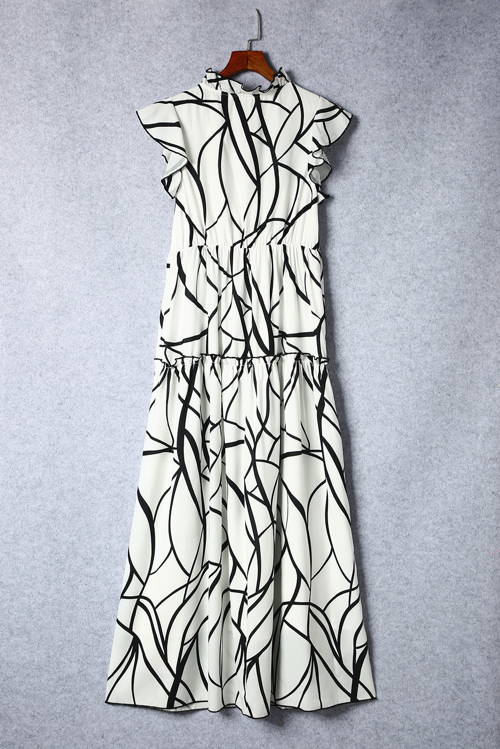 Abstract Vein Print V Neck Ruffle Maxi Dress | White